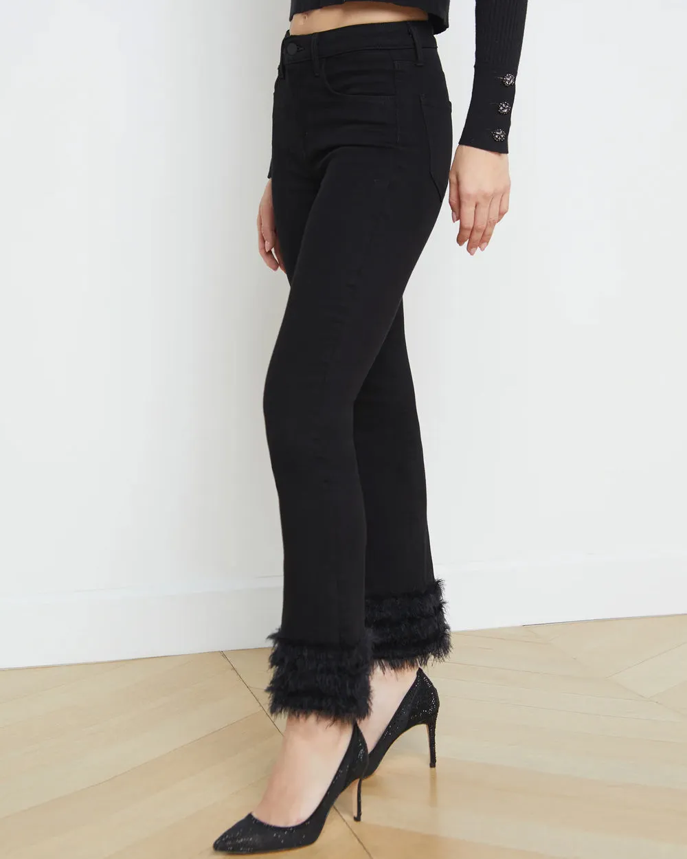 Tati High Rise Crop Micro Bootcut Feather Jean in Saturated Black