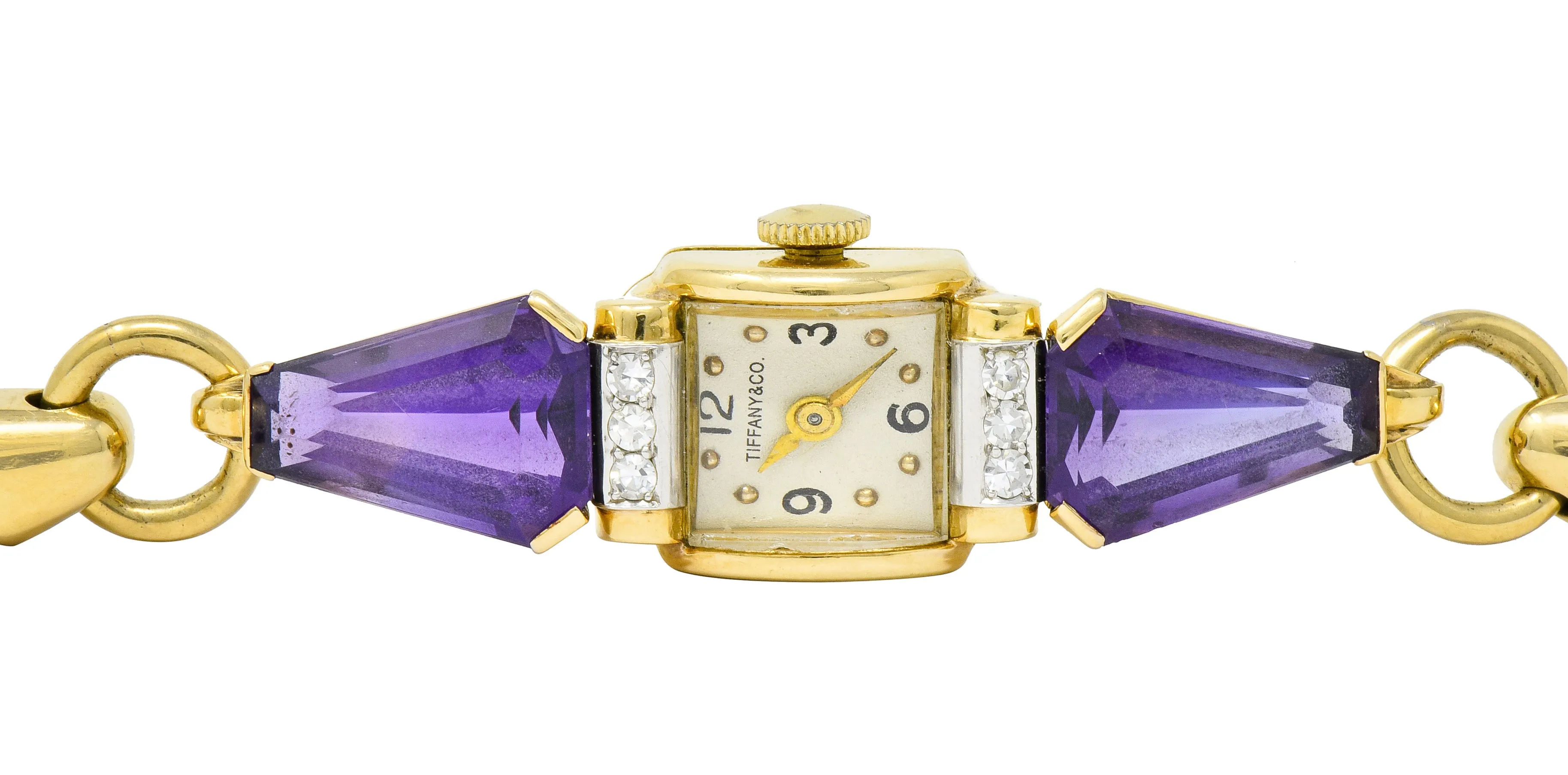 Tiffany & Co. Retro Amethyst Diamond 14 Karat Gold Watch Bracelet