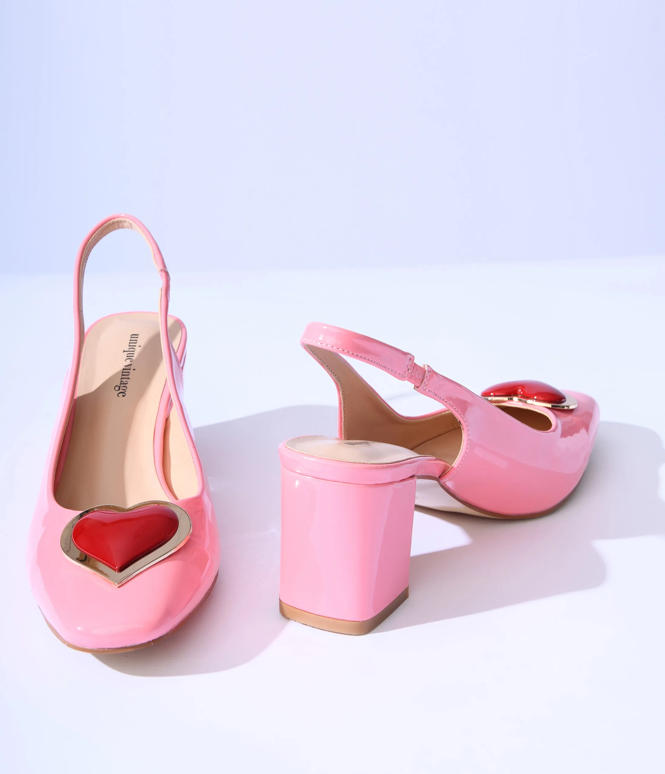 Unique Vintage Pink Heart Leatherette Slingback Heels