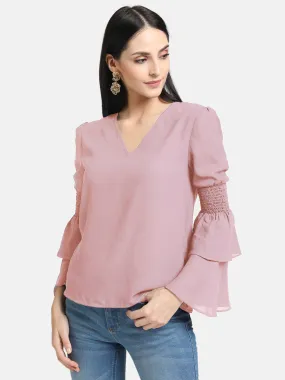 V- Neck Smocking Blouse With Bell Sleeve