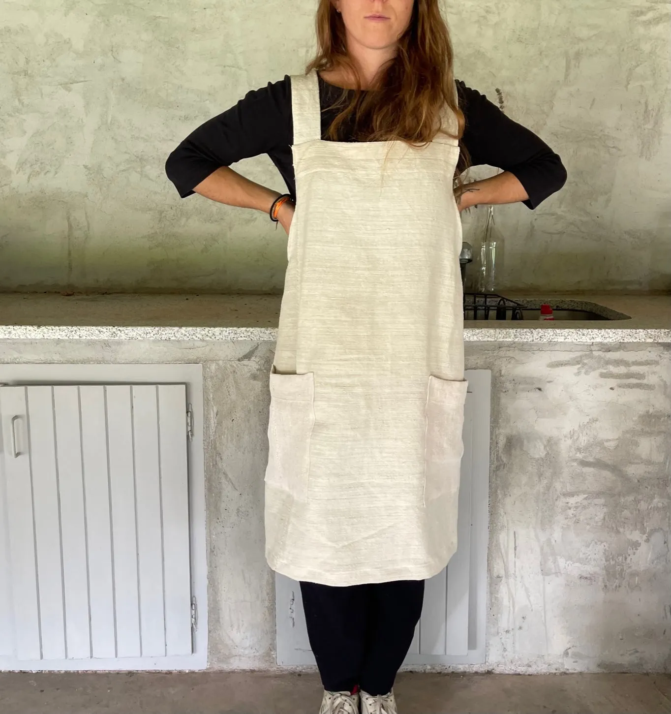 White hand stitched  linen Apron