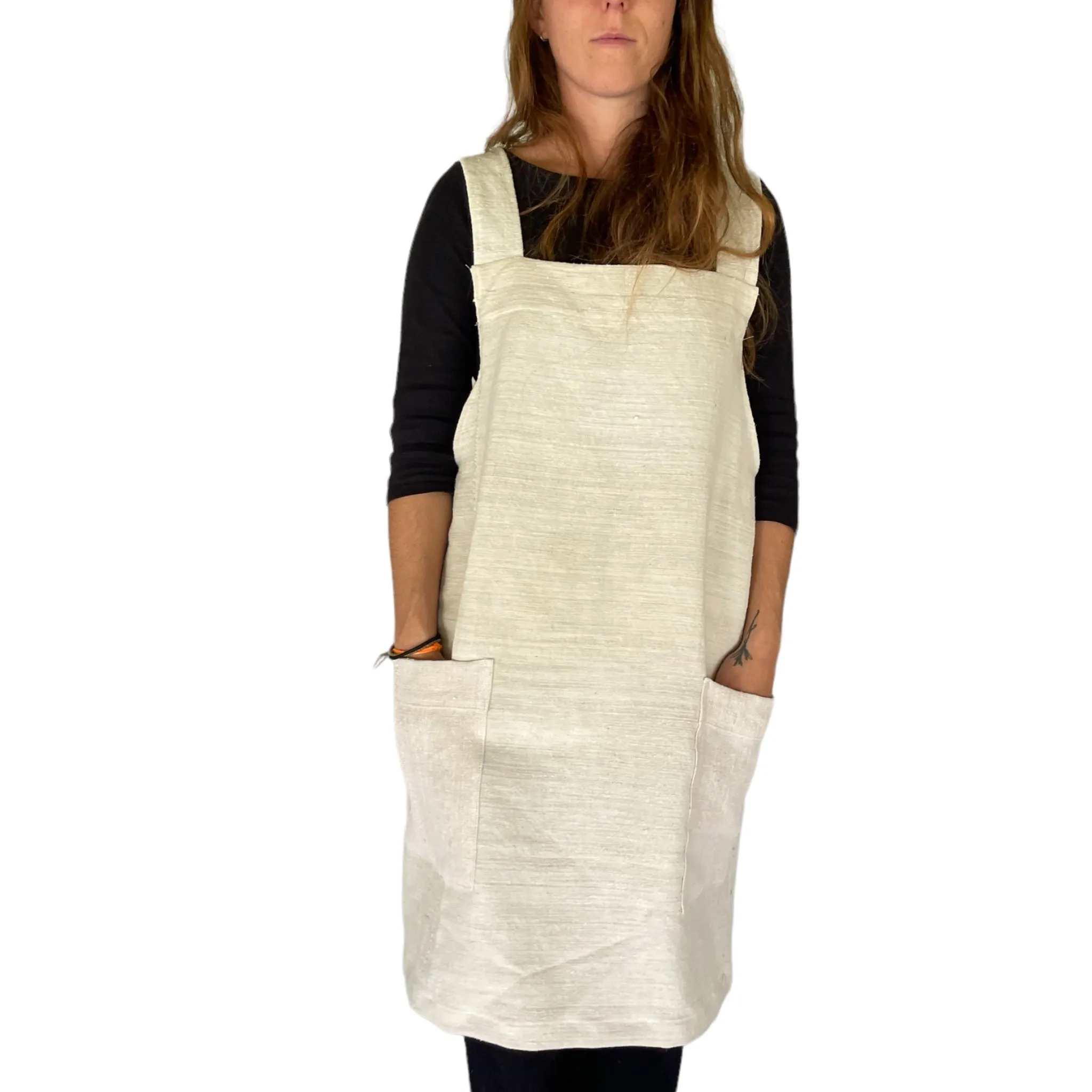 White hand stitched  linen Apron