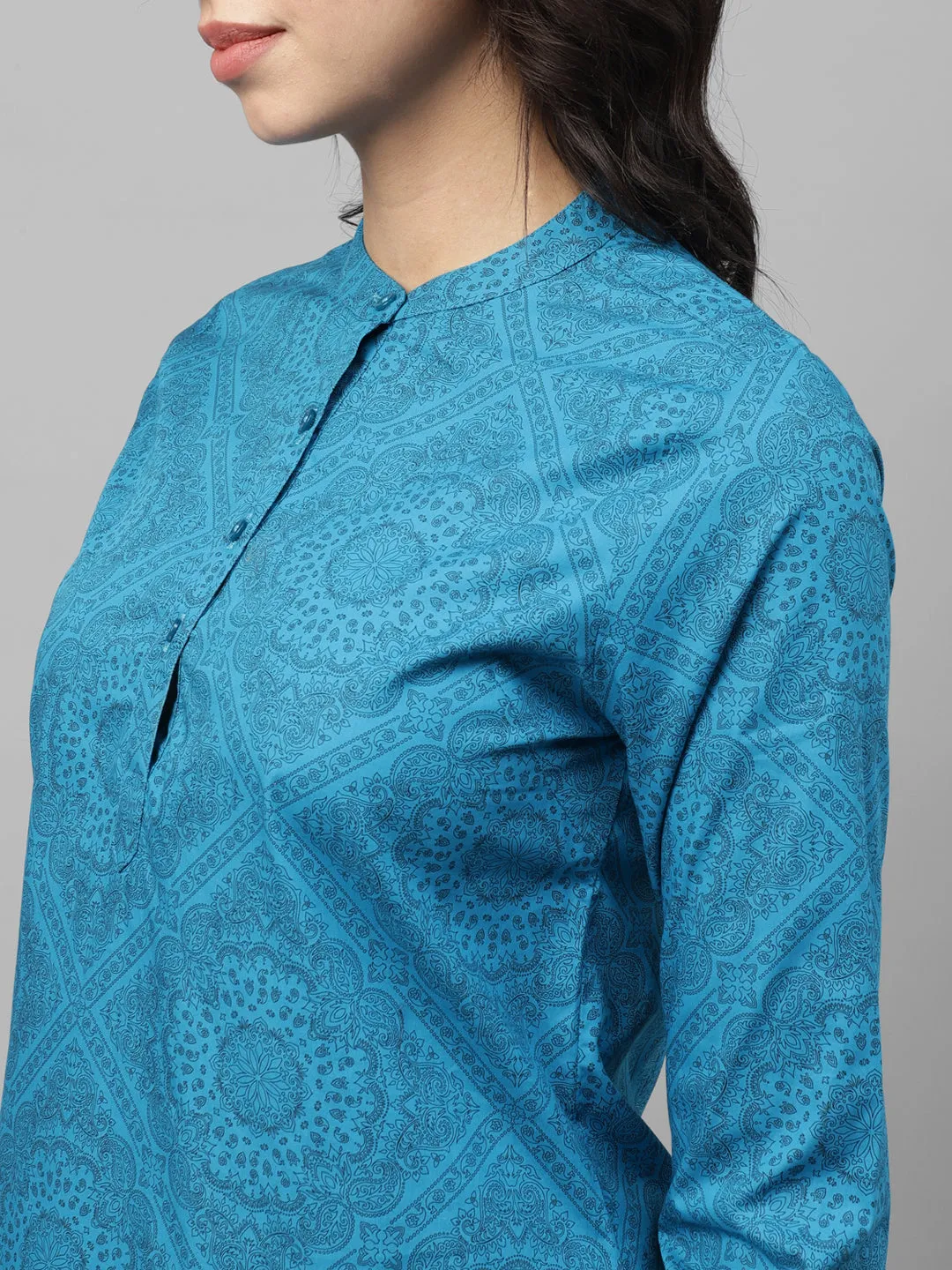 Women, Blue, Floral Printed, Pure Cotton, Mandarin Collar, Regular Fit, Formal Top