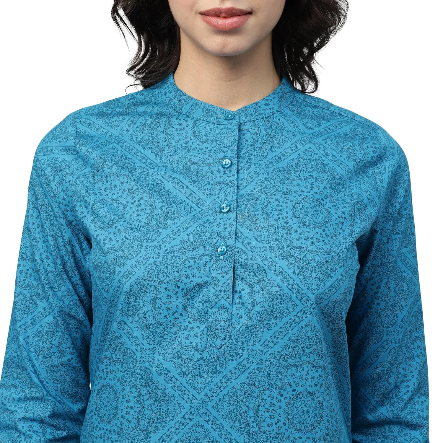 Women, Blue, Floral Printed, Pure Cotton, Mandarin Collar, Regular Fit, Formal Top