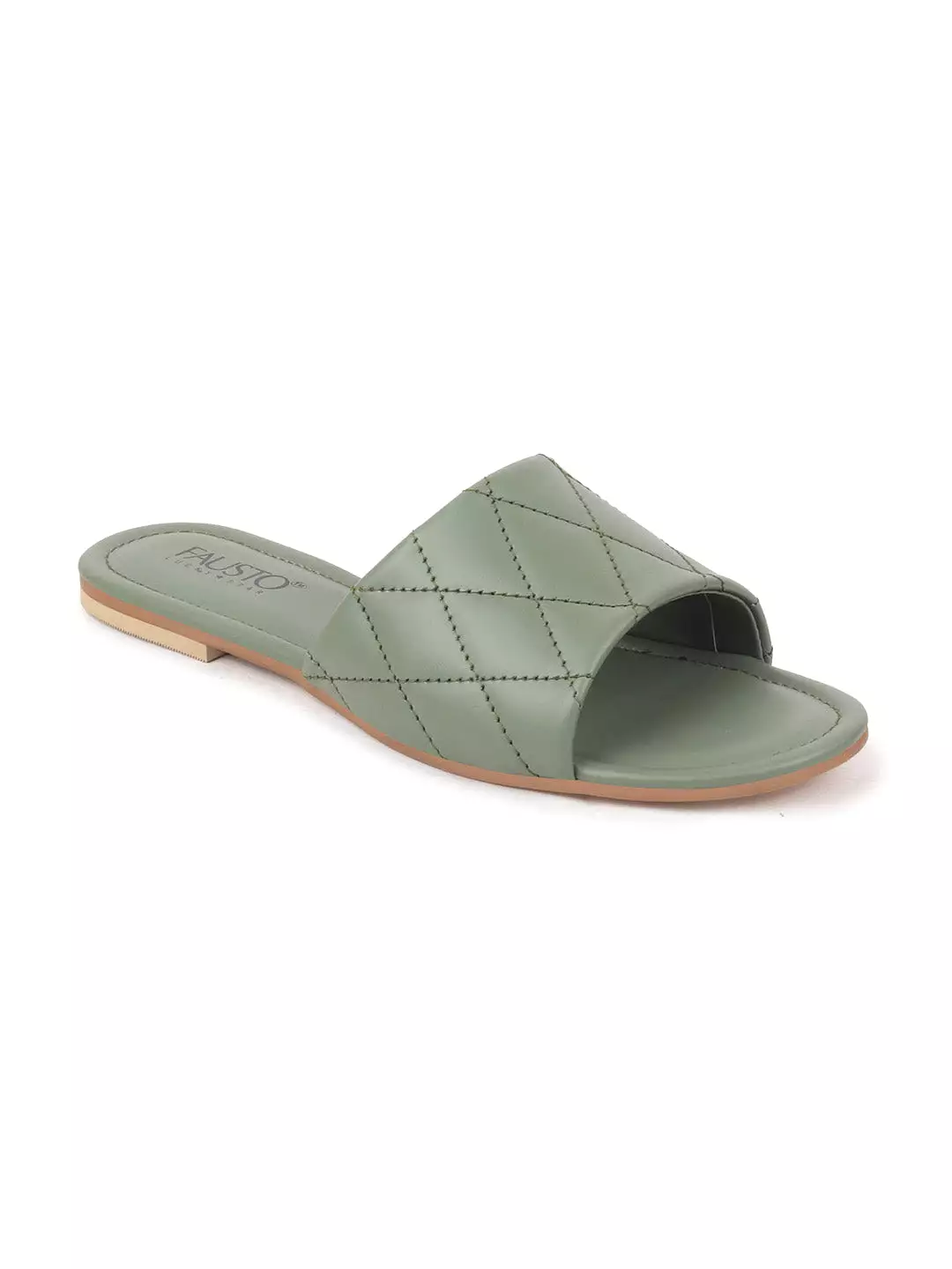 Women Green Slip-On Casual Hand Stitched Open Toe Outdoor Flats Slippers