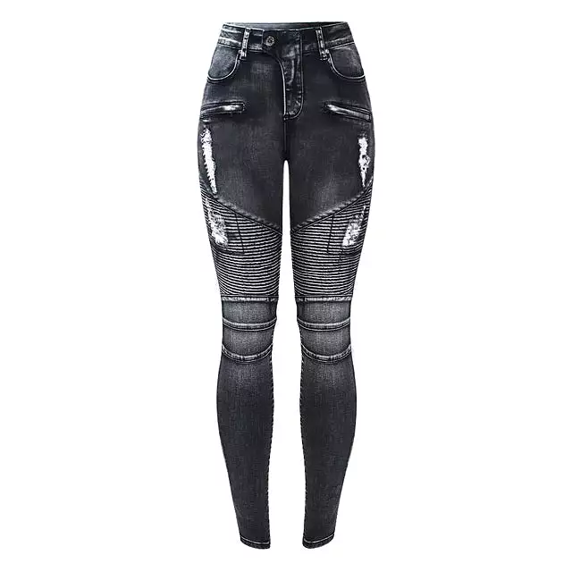 Women`s Jeans Motorcycle Biker Zip Mid High Waist Stretch Denim Skinny Pants