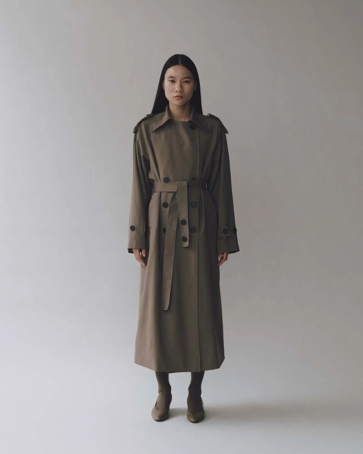 Wool Blend Trench Coat - Light Olive