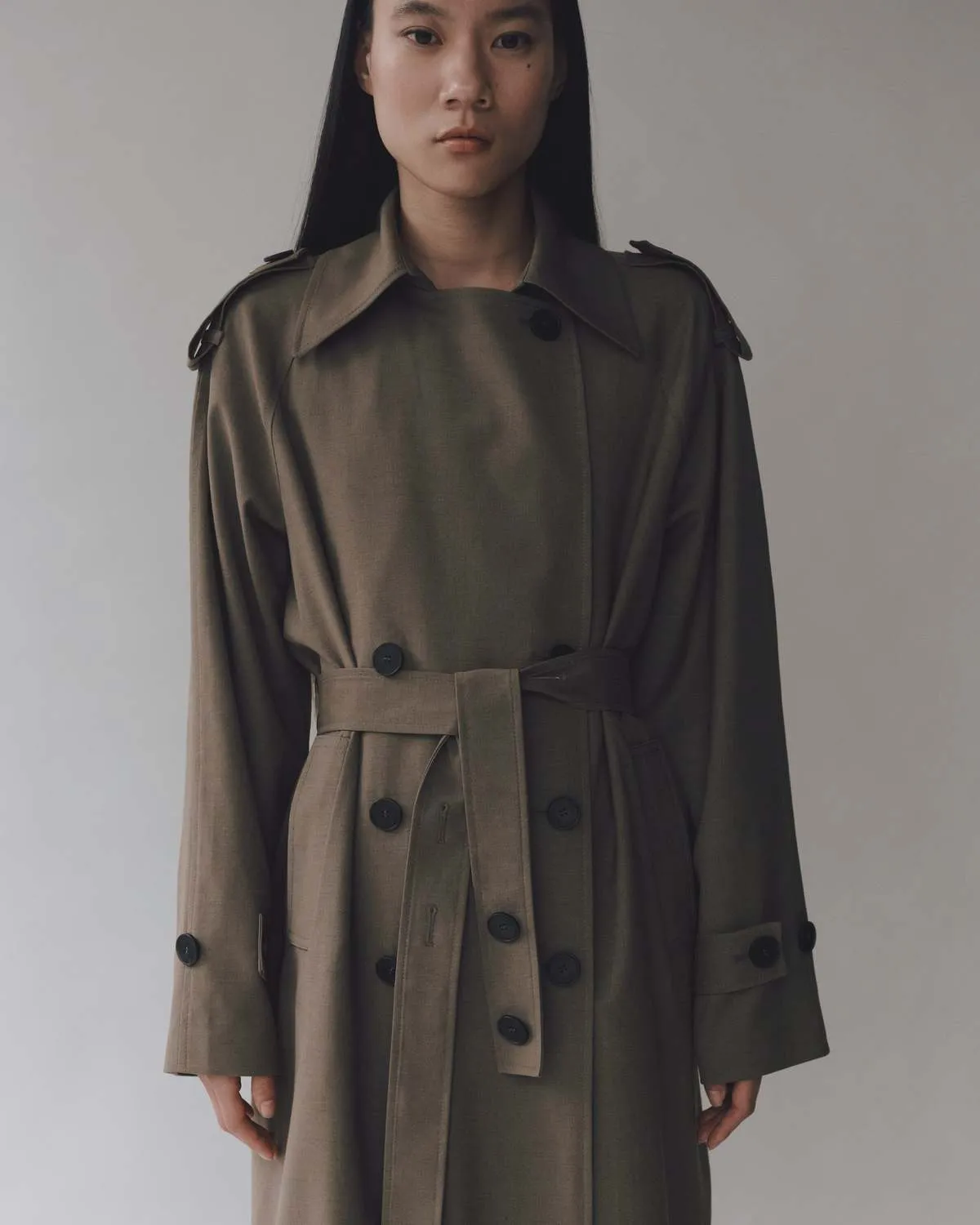 Wool Blend Trench Coat - Light Olive