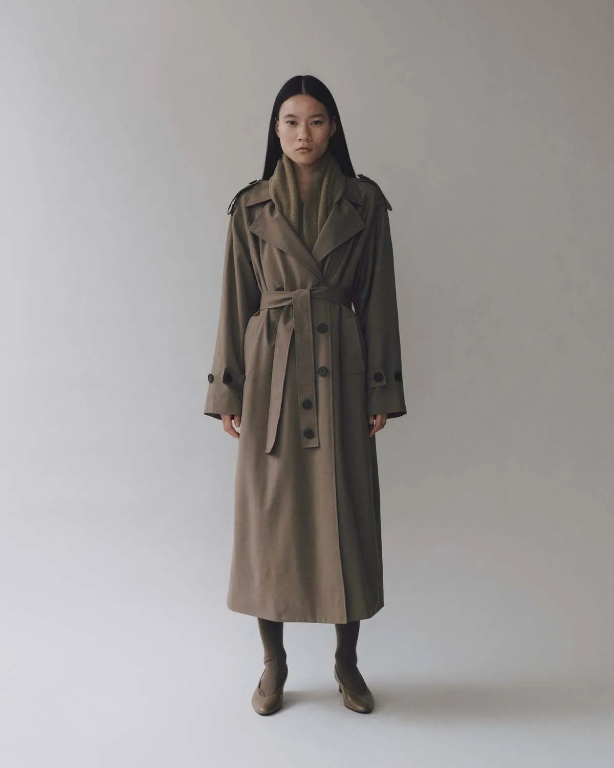 Wool Blend Trench Coat - Light Olive