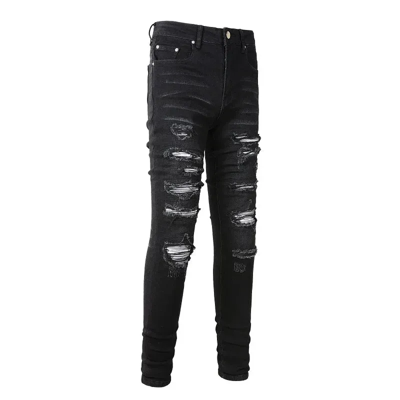 Xituodai Men Pleated Patch Biker Jeans Streetwear Skinny Tapered Stretch Denim Pants Ripped Patchwork Black Trousers