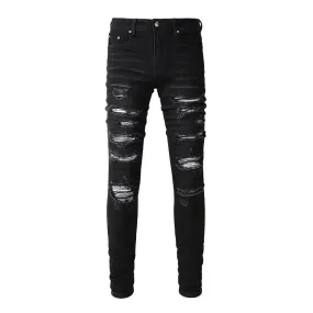 Xituodai Men Pleated Patch Biker Jeans Streetwear Skinny Tapered Stretch Denim Pants Ripped Patchwork Black Trousers