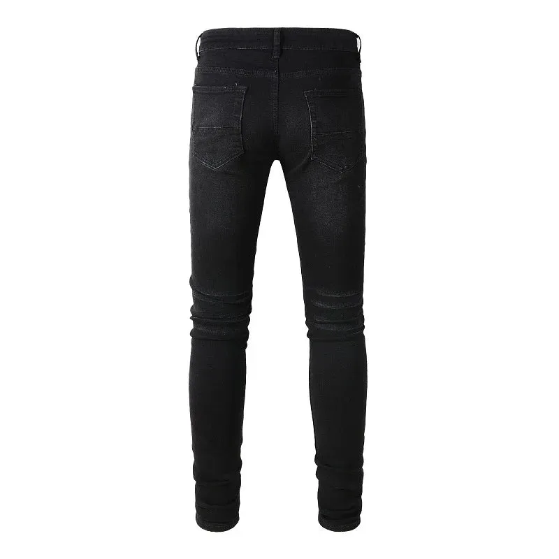 Xituodai Men Pleated Patch Biker Jeans Streetwear Skinny Tapered Stretch Denim Pants Ripped Patchwork Black Trousers